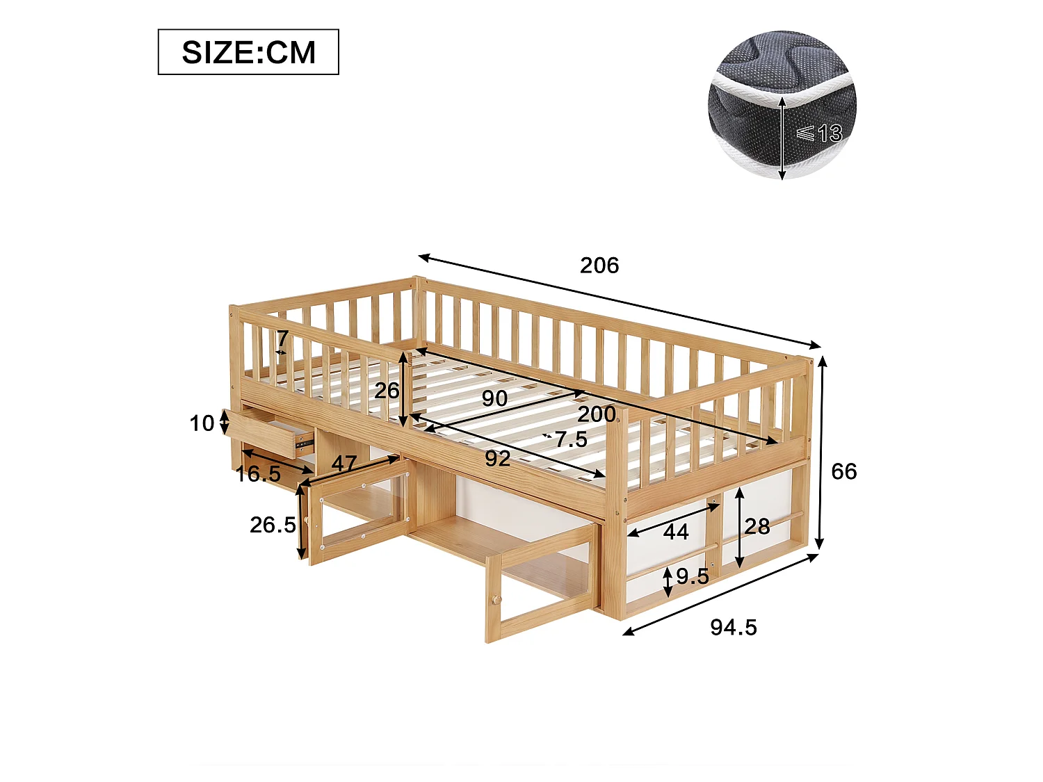 Lit enfant en bois 90 x 200 cm rangement et barrière de sécurité - Couleur bois