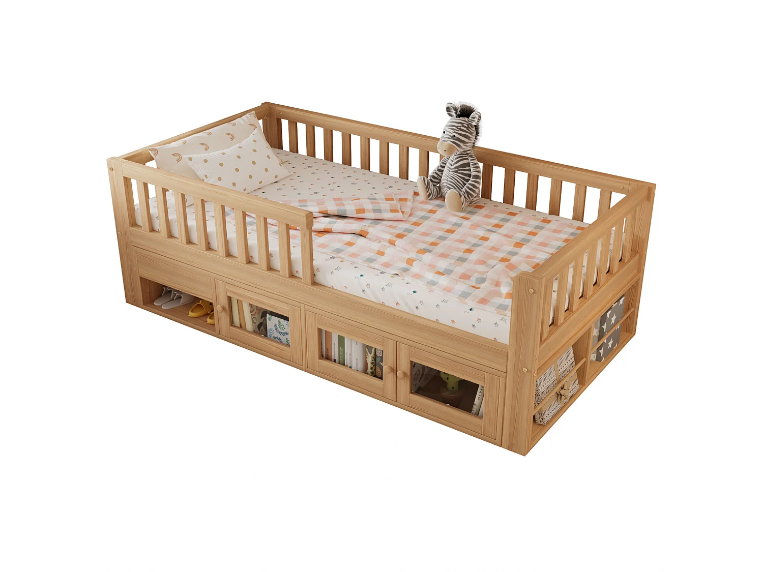 Lit enfant en bois 90 x 200 cm rangement et barrière de sécurité - Couleur bois