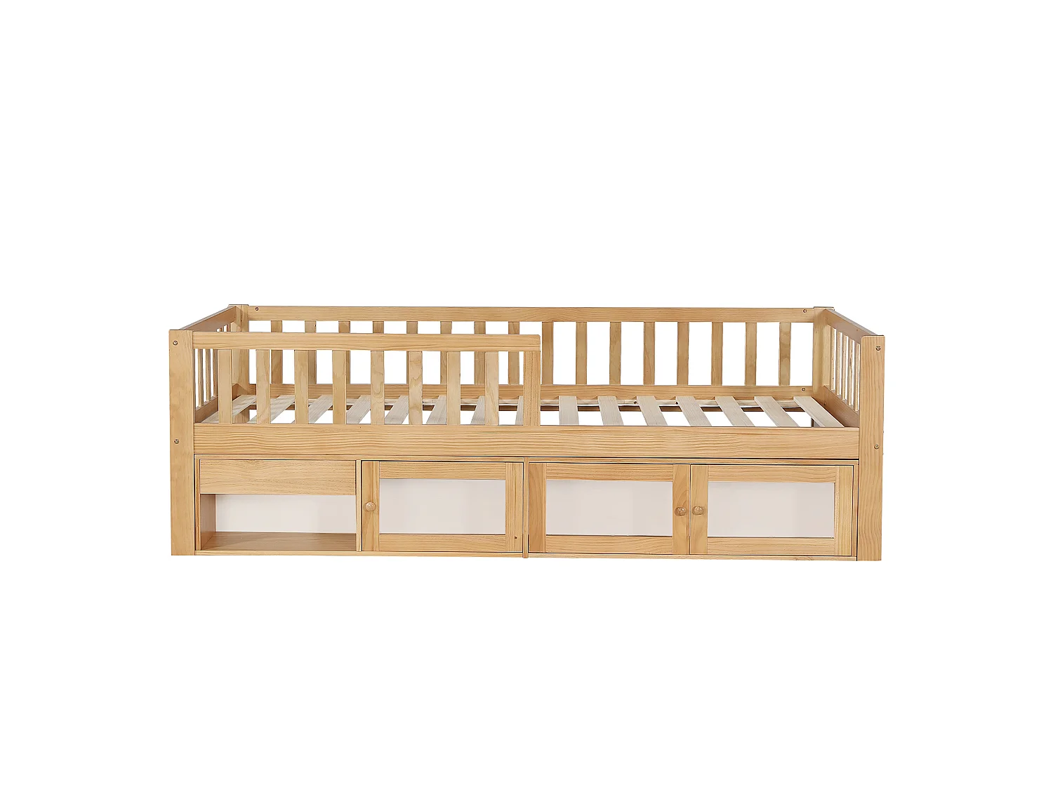 Lit enfant en bois 90 x 200 cm rangement et barrière de sécurité - Couleur bois