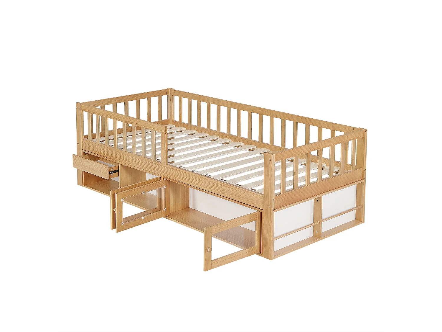 Lit enfant en bois 90 x 200 cm rangement et barrière de sécurité - Couleur bois