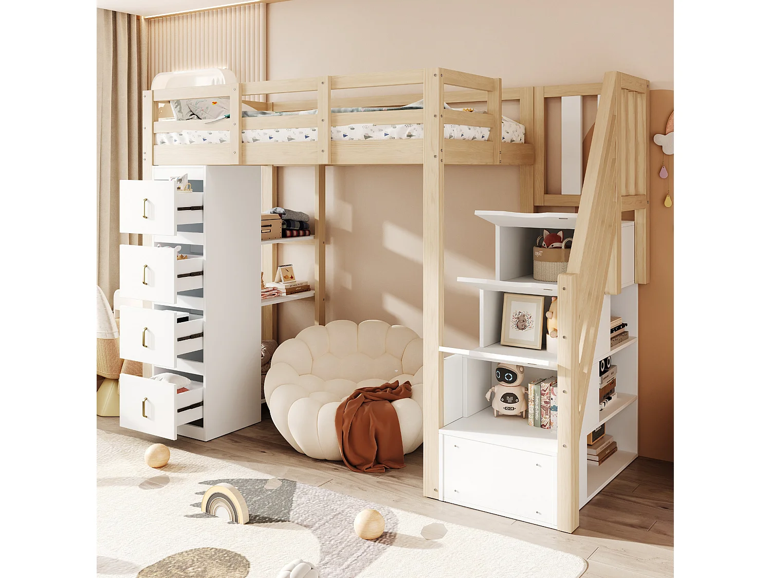 Lit mezzanine enfant 90 x 200 cm avec 4 tiroirs et escalier - Lit multifonctionnel en bois naturel clair