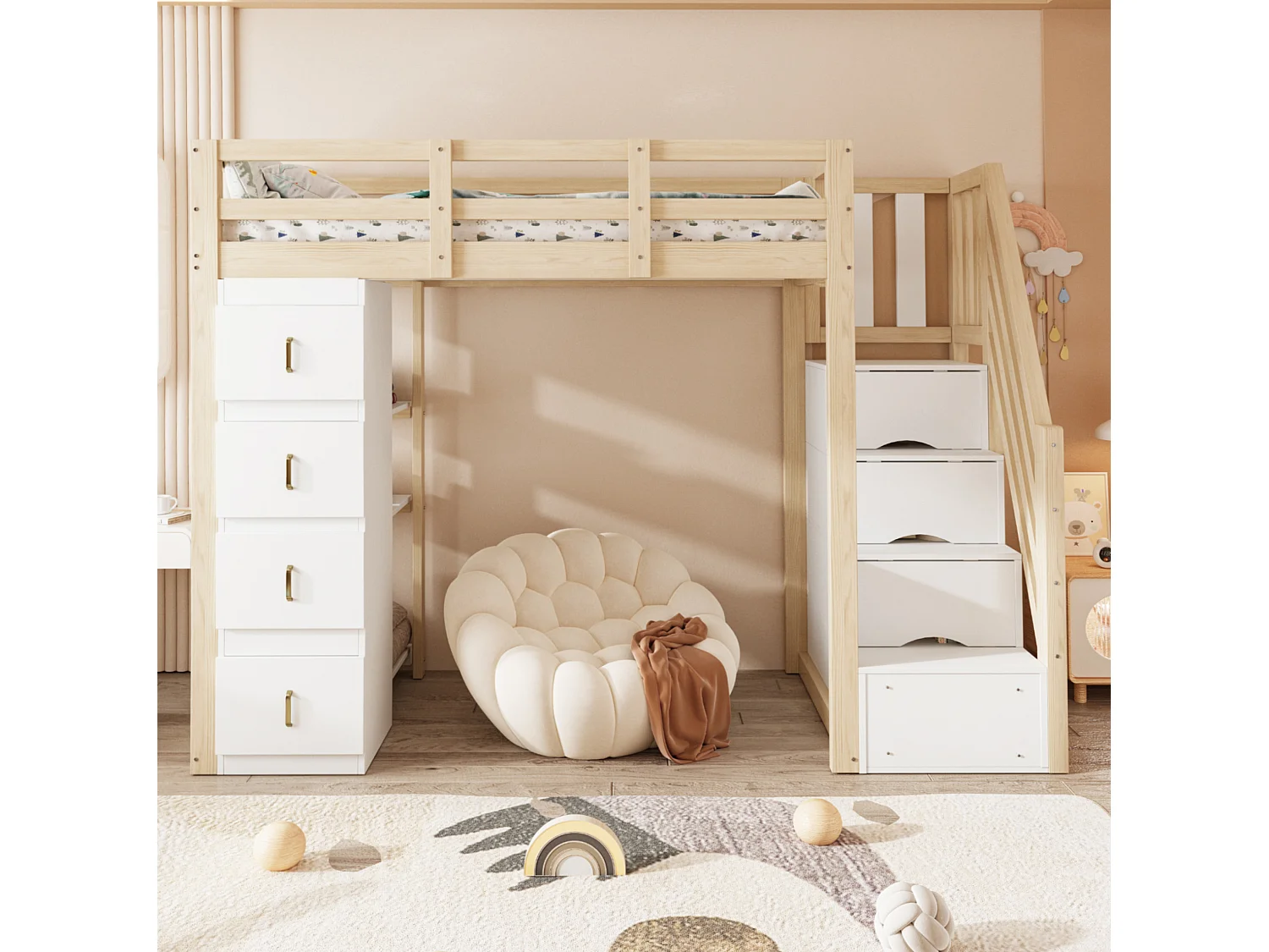 Lit mezzanine enfant 90 x 200 cm avec 4 tiroirs et escalier - Lit multifonctionnel en bois naturel clair