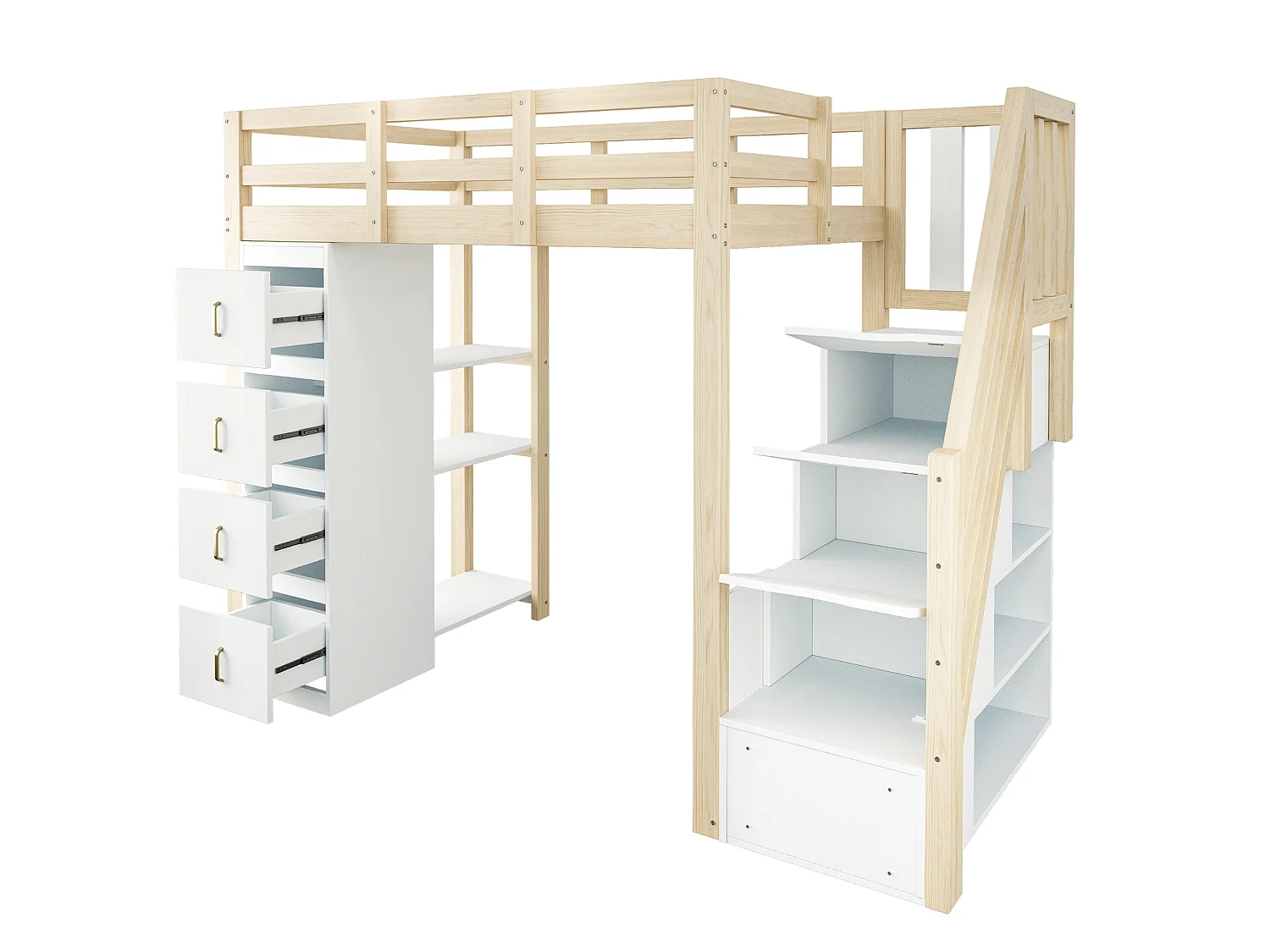 Lit mezzanine enfant 90 x 200 cm avec 4 tiroirs et escalier - Lit multifonctionnel en bois naturel clair