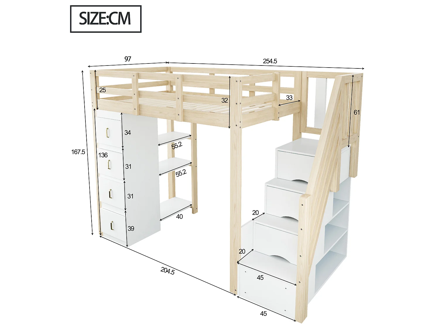 Lit mezzanine enfant 90 x 200 cm avec 4 tiroirs et escalier - Lit multifonctionnel en bois naturel clair