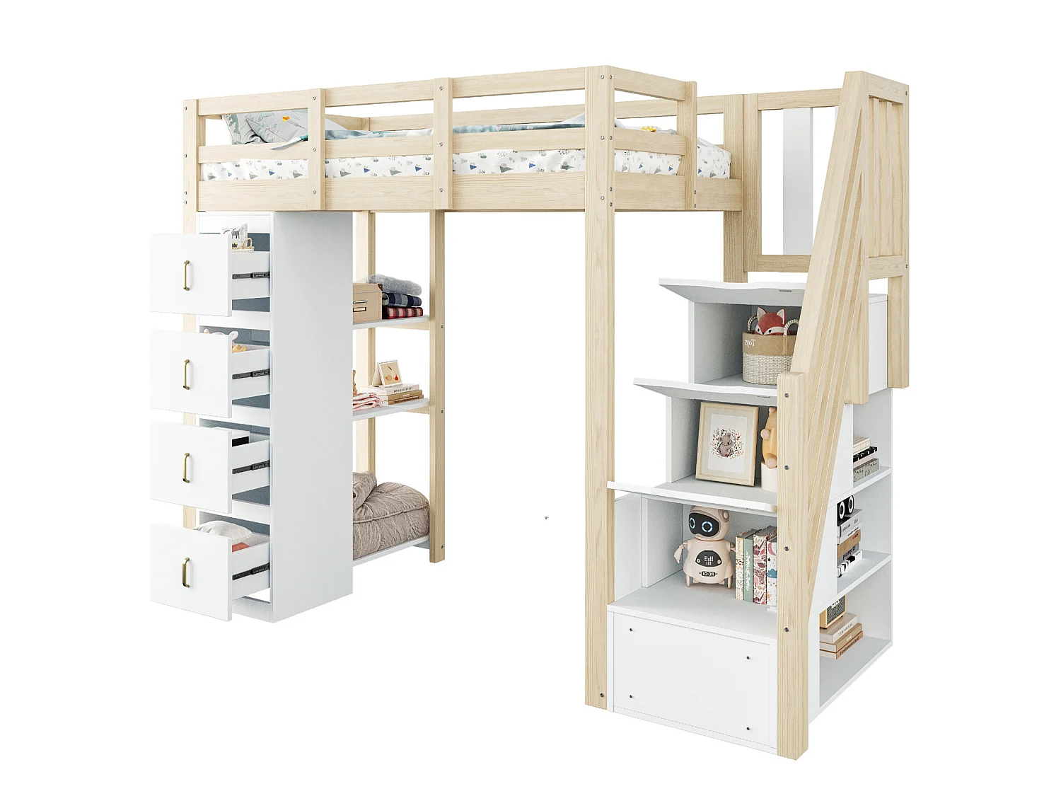 Lit mezzanine enfant 90 x 200 cm avec 4 tiroirs et escalier - Lit multifonctionnel en bois naturel clair