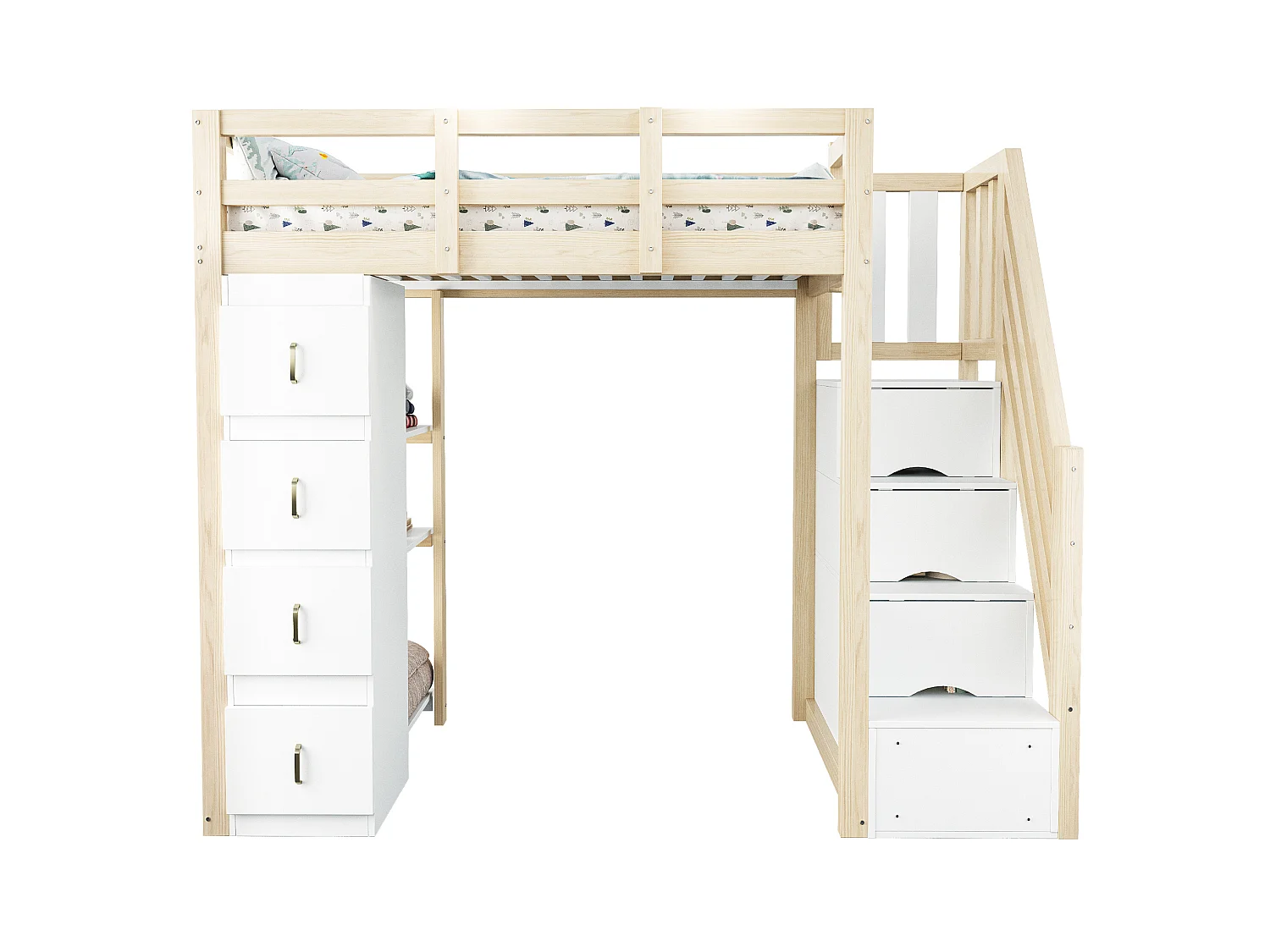 Lit mezzanine enfant 90 x 200 cm avec 4 tiroirs et escalier - Lit multifonctionnel en bois naturel clair