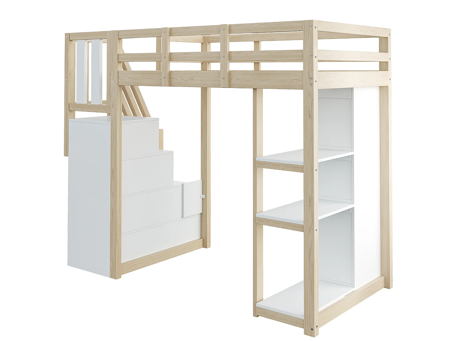 Lit mezzanine enfant 90 x 200 cm avec 4 tiroirs et escalier - Lit multifonctionnel en bois naturel clair