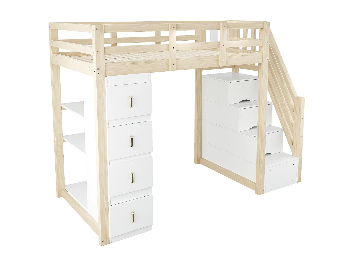 Lit mezzanine enfant 90 x 200 cm avec 4 tiroirs et escalier - Lit multifonctionnel en bois naturel clair