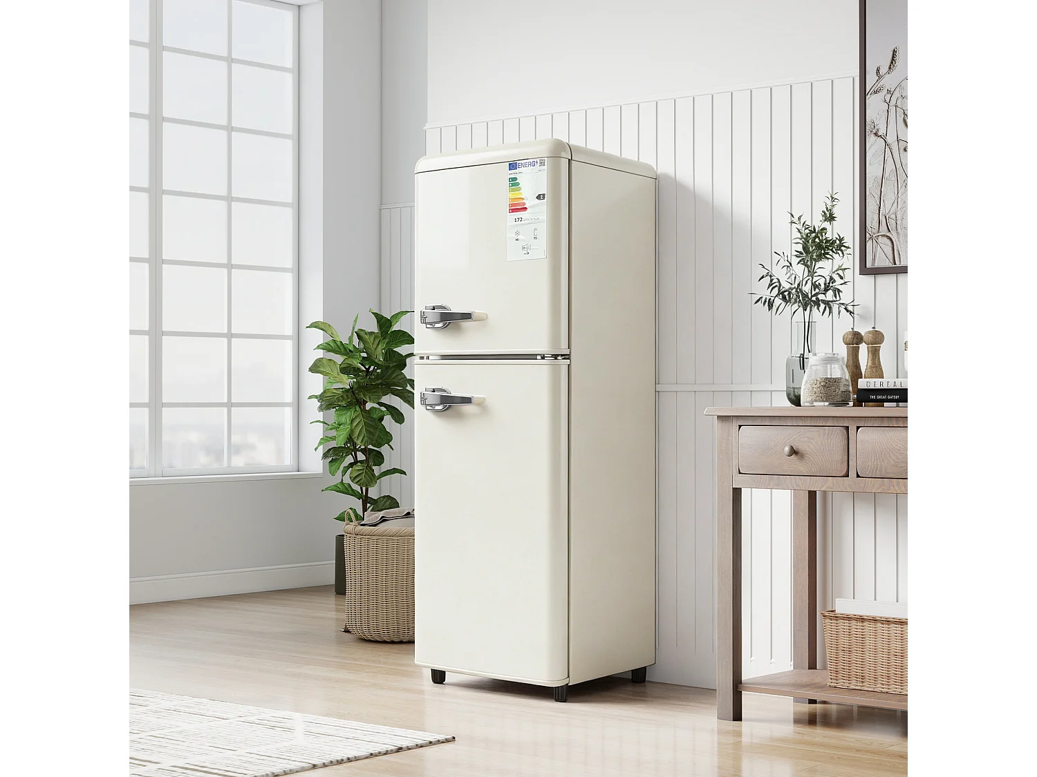 Frigorifero a 2 porte da 112 L - Congelatore da 40 L e termostato regolabile a 7 livelli - Crema