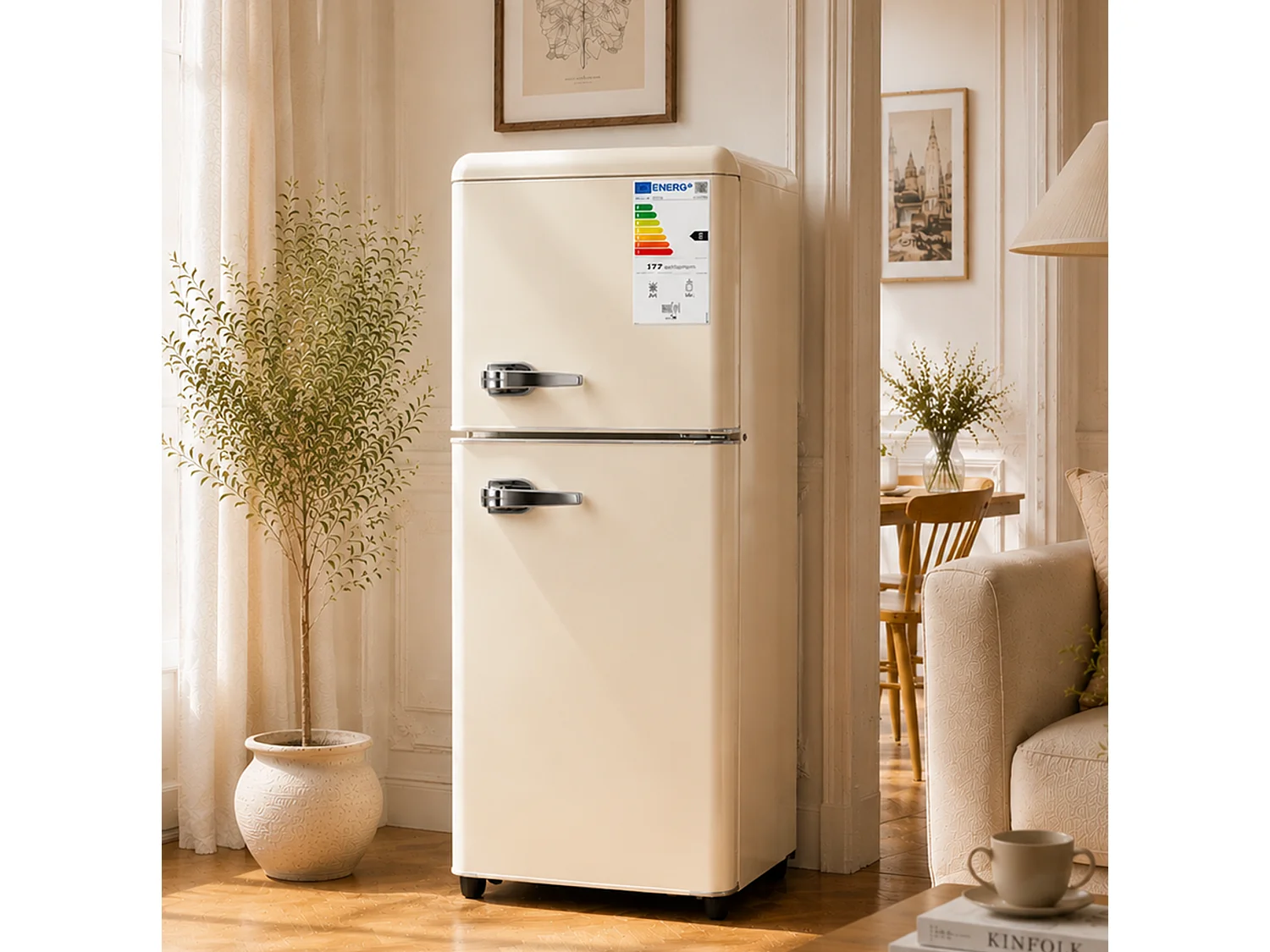 Frigorifero a 2 porte da 112 L - Congelatore da 40 L e termostato regolabile a 7 livelli - Crema