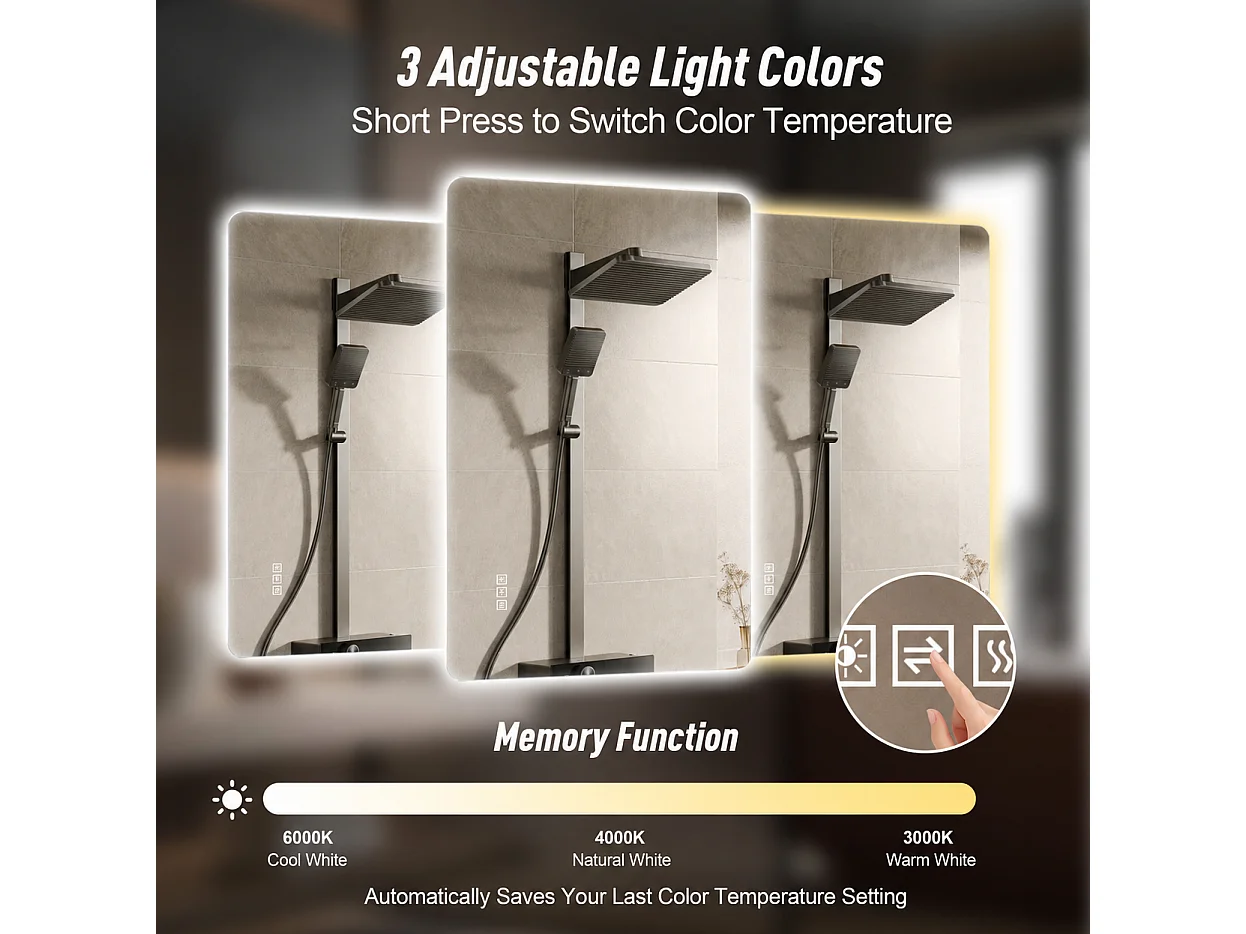 Miroir de salle de bain LED 60 x 100 cm avec intensité variable 3 couleur et antibuée