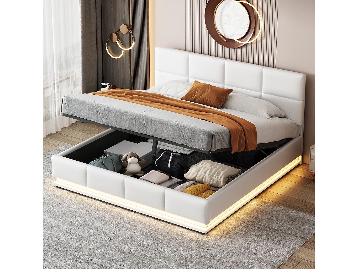 Cama con almacenamiento para adultos (160 x 200 cm) con iluminación LED y cabecero de altura regulable – Cama doble de PU blanca