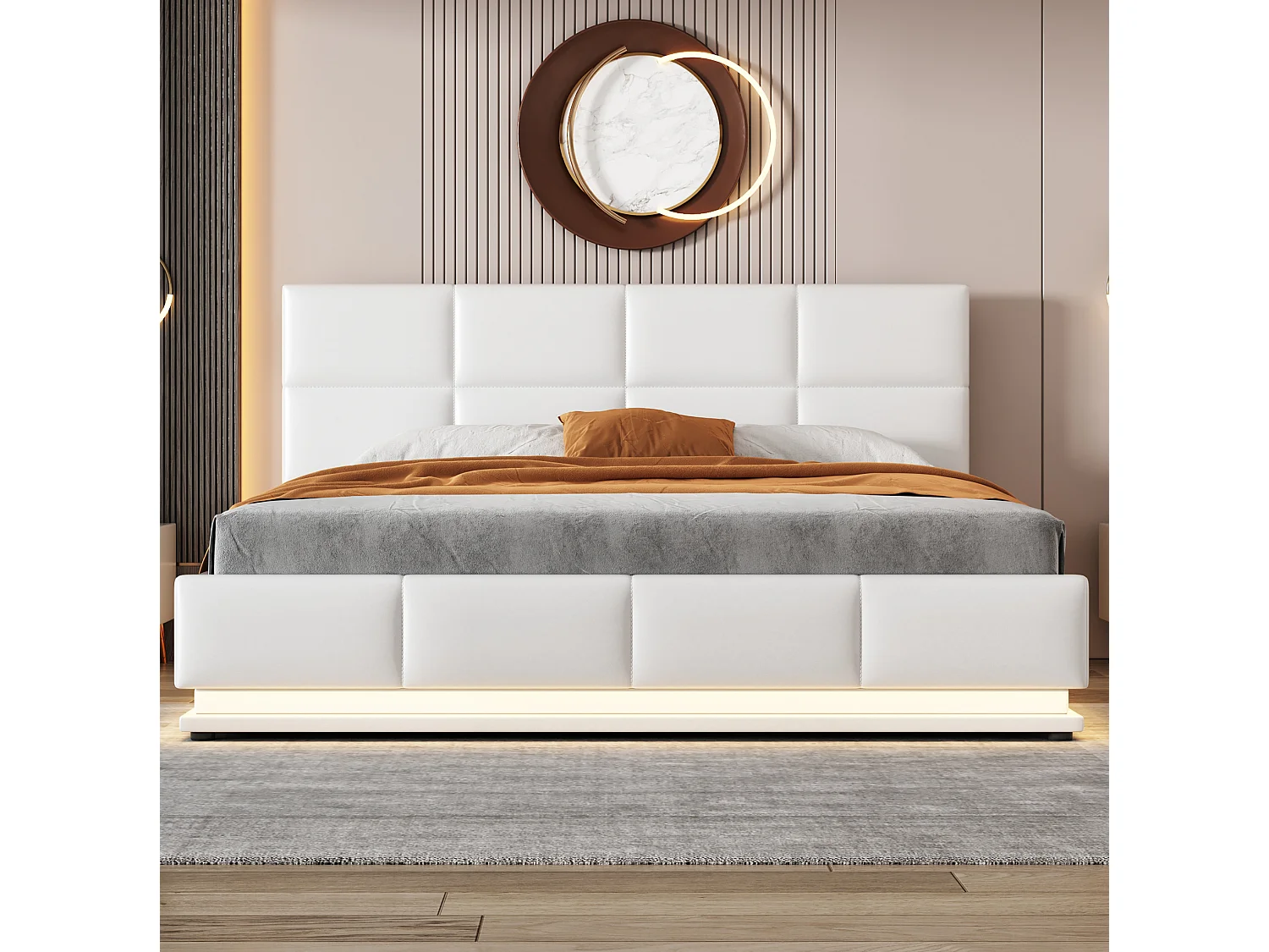 Cama con almacenamiento para adultos (160 x 200 cm) con iluminación LED y cabecero de altura regulable – Cama doble de PU blanca