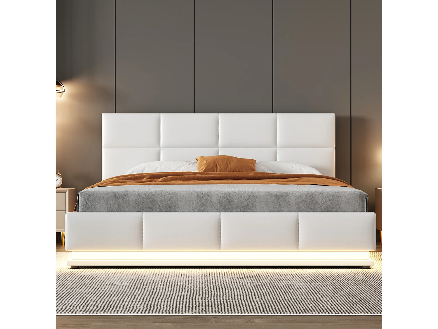 Cama con almacenamiento para adultos (160 x 200 cm) con iluminación LED y cabecero de altura regulable – Cama doble de PU blanca