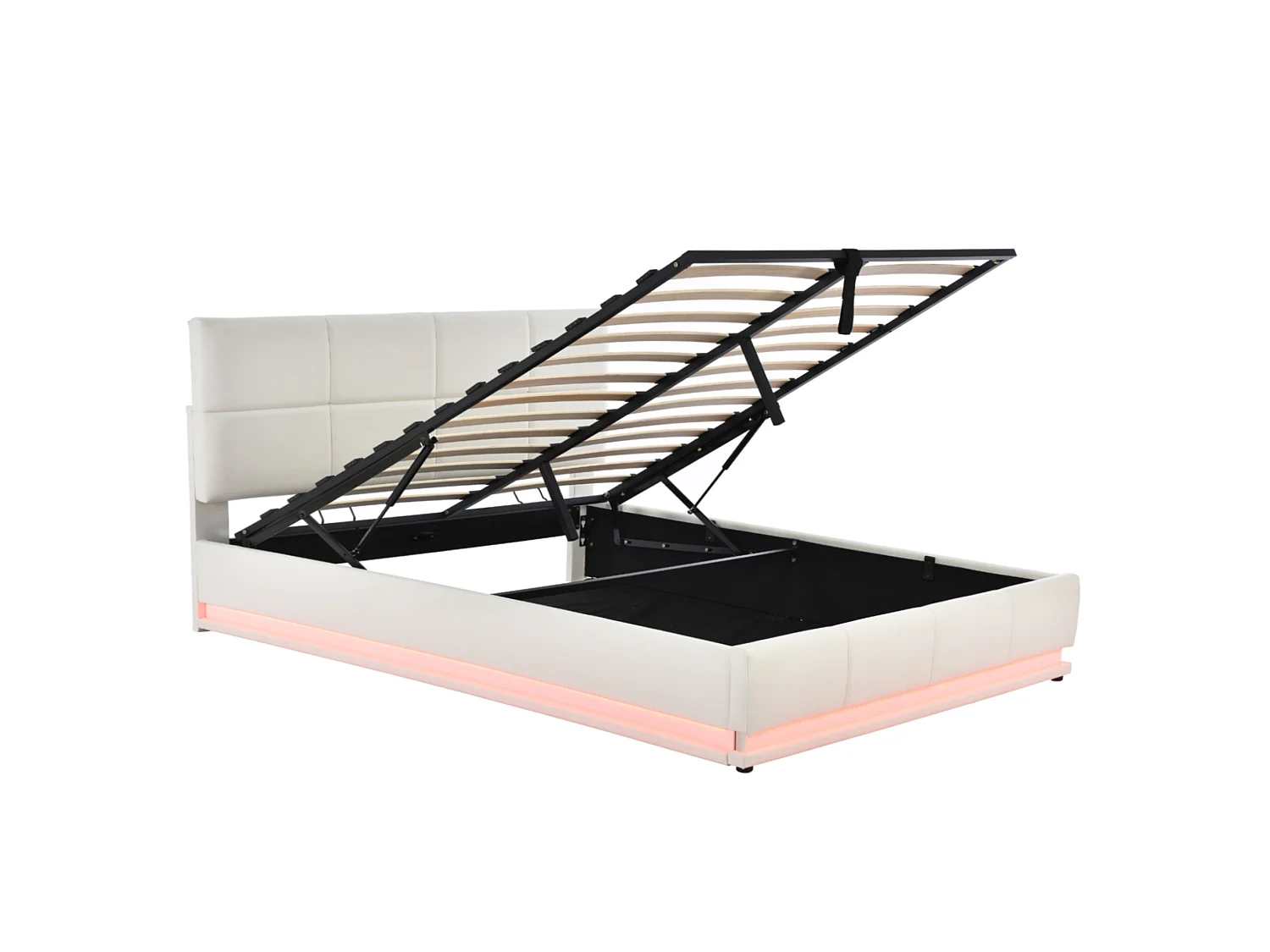 Cama con almacenamiento para adultos (160 x 200 cm) con iluminación LED y cabecero de altura regulable – Cama doble de PU blanca