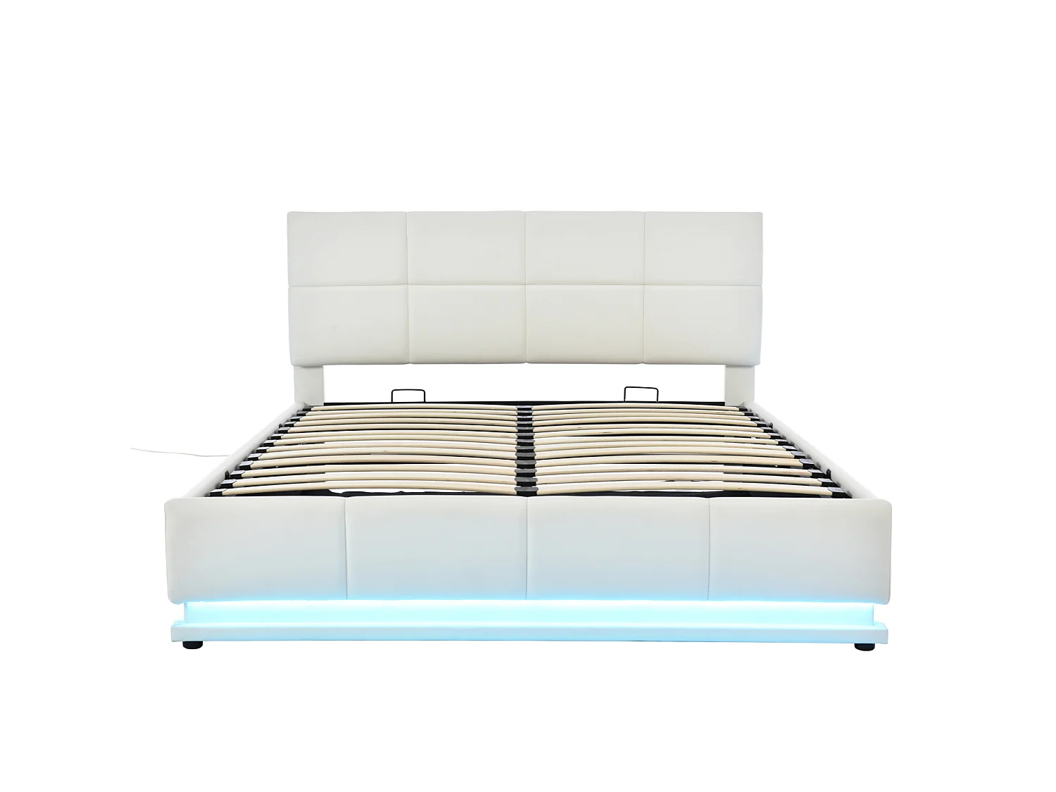 Cama con almacenamiento para adultos (160 x 200 cm) con iluminación LED y cabecero de altura regulable – Cama doble de PU blanca