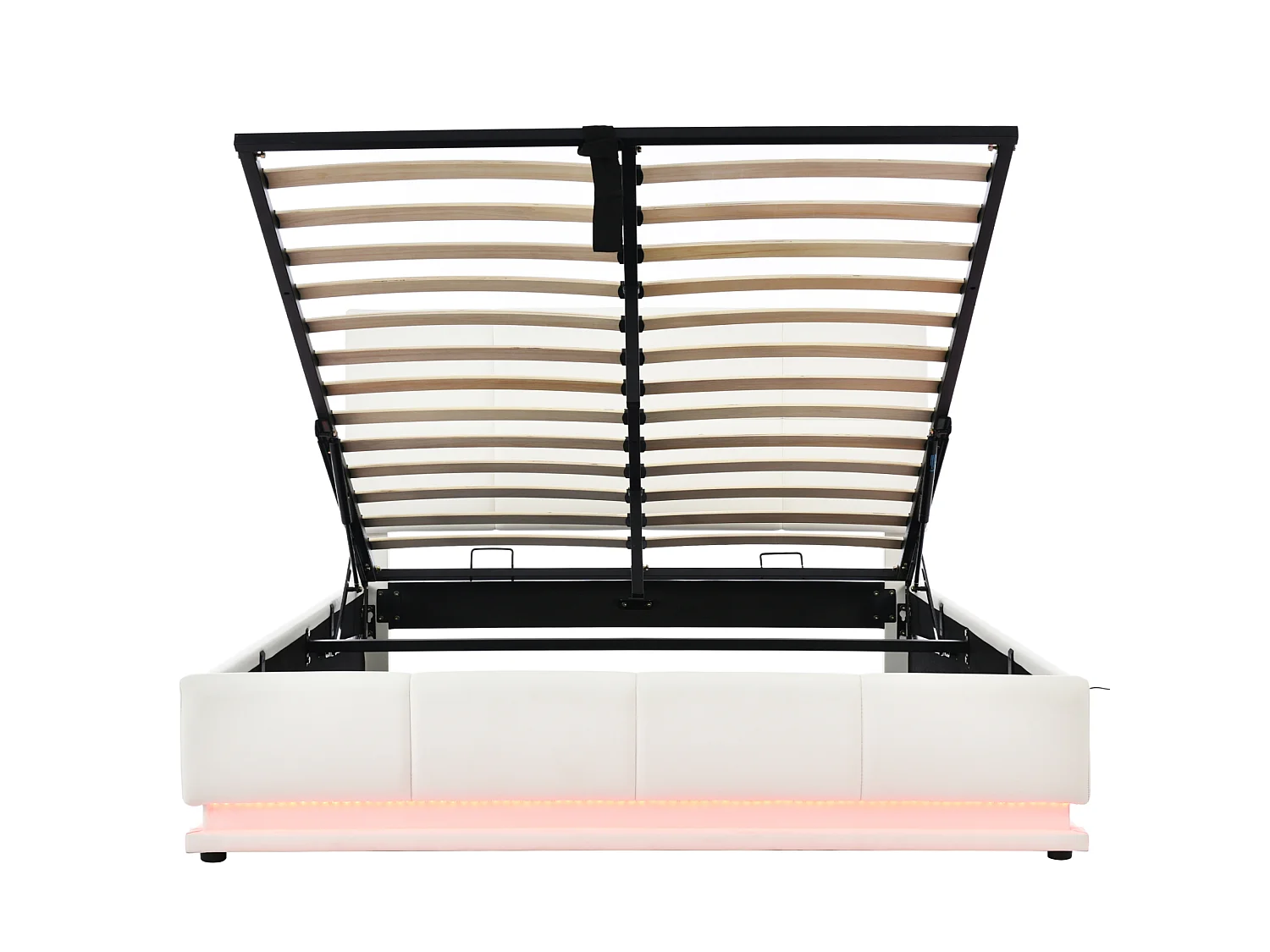 Cama con almacenamiento para adultos (160 x 200 cm) con iluminación LED y cabecero de altura regulable – Cama doble de PU blanca