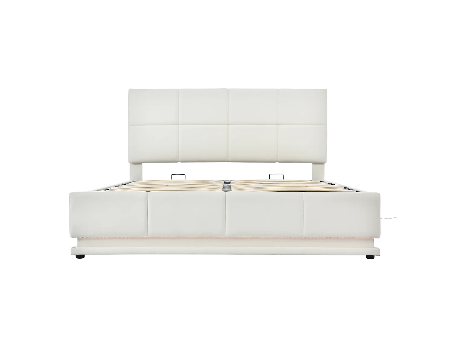 Cama con almacenamiento para adultos (160 x 200 cm) con iluminación LED y cabecero de altura regulable – Cama doble de PU blanca