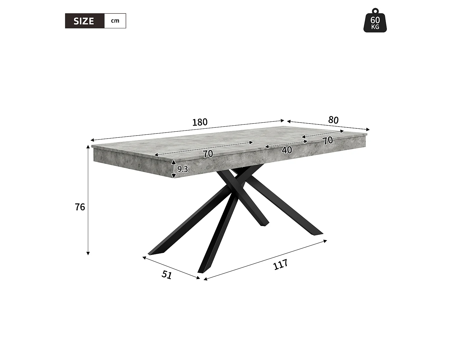 Uitschuifbare eettafel 140/180 x 80 cm met dik blad en metalen poten - Grijs