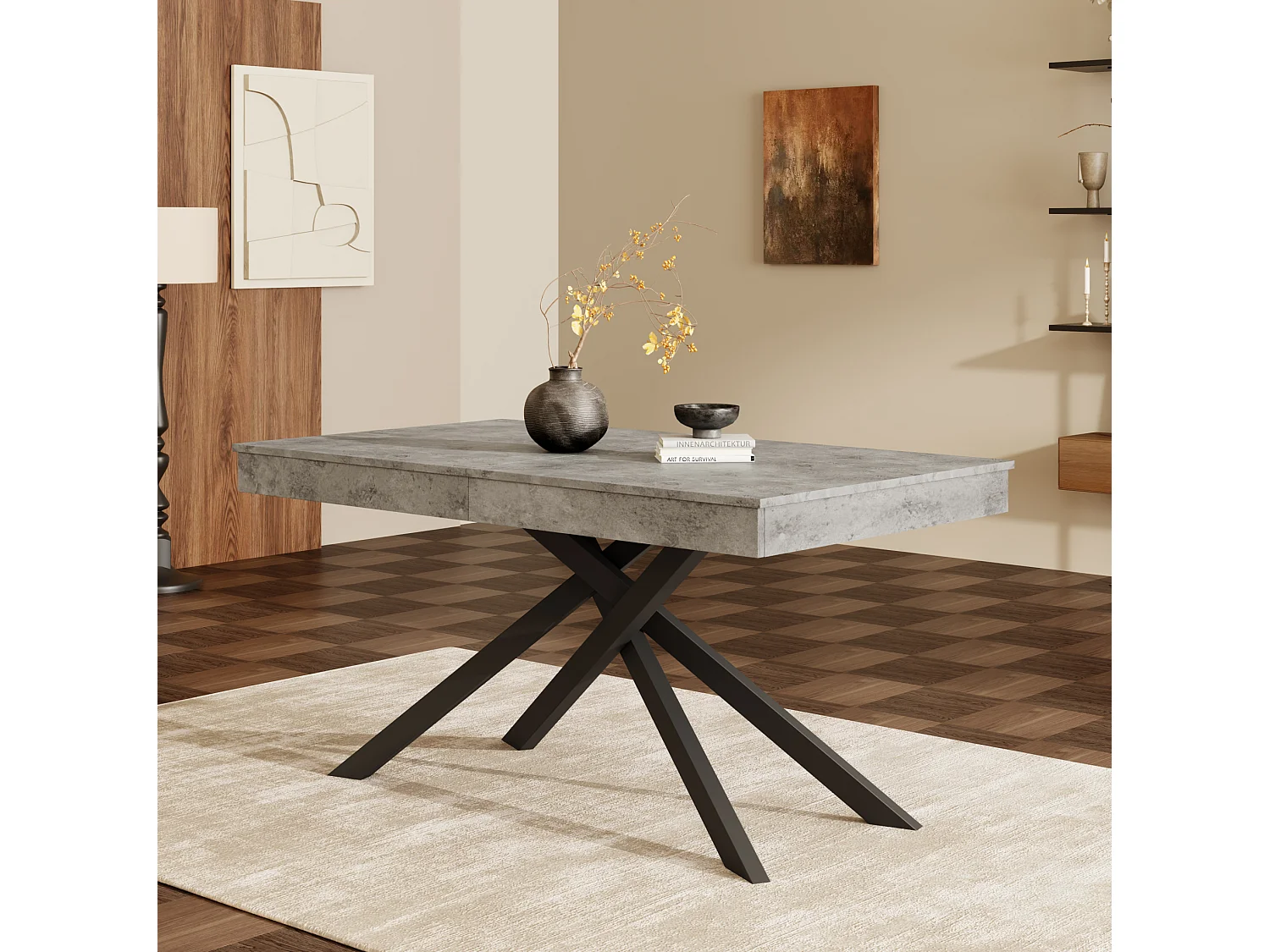 Uitschuifbare eettafel 140/180 x 80 cm met dik blad en metalen poten - Grijs