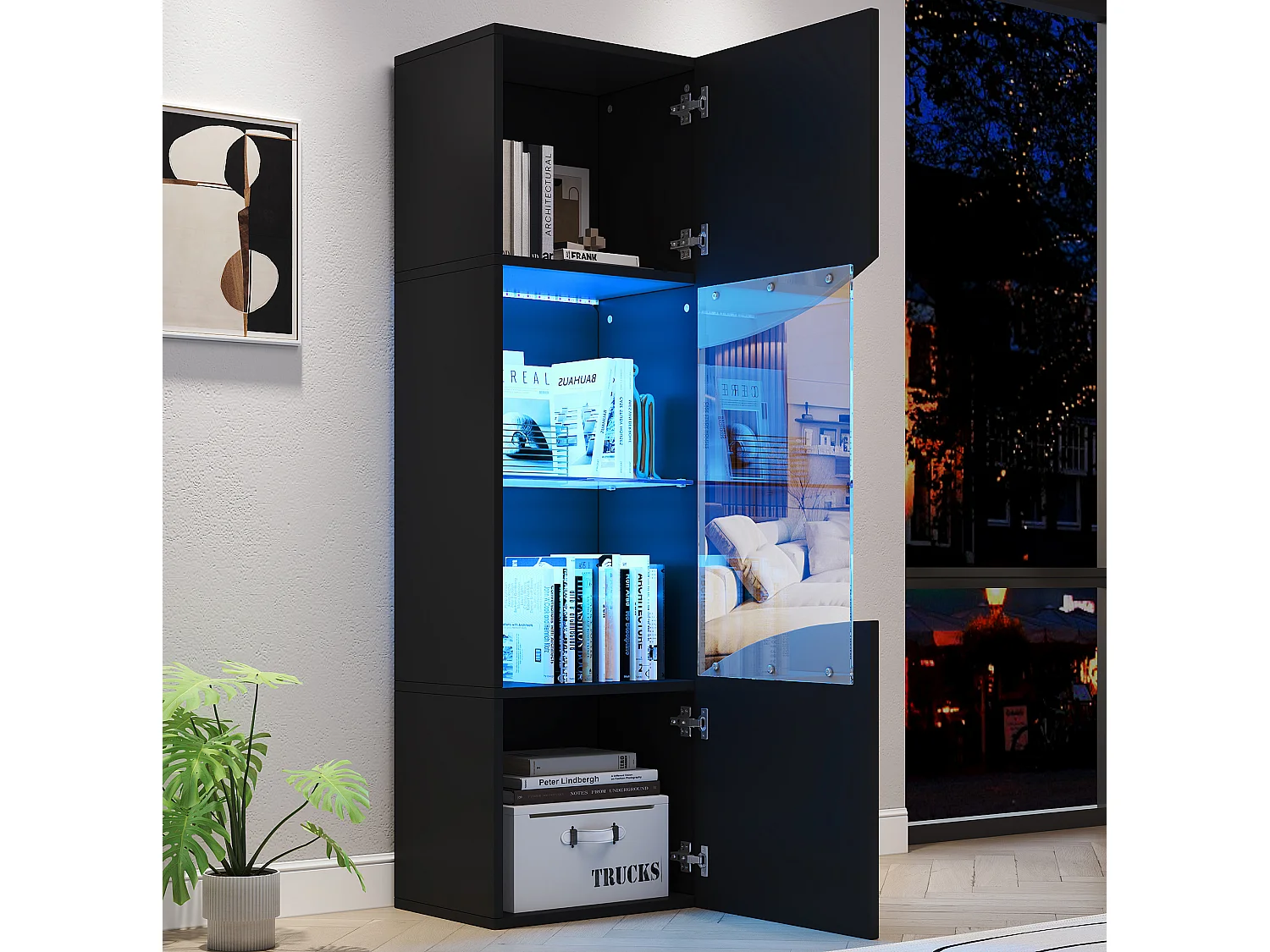 Vitrine noire laquée 50 x 35 x 165 cm avec porte verre et LED