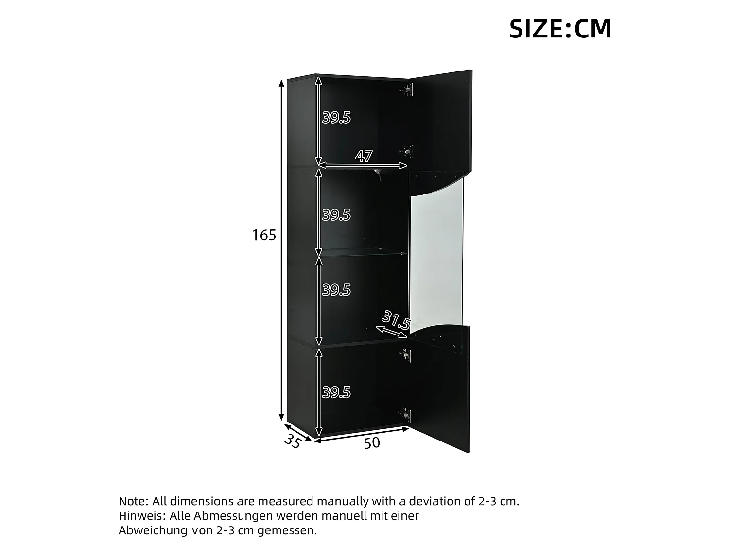 Vitrine noire laquée 50 x 35 x 165 cm avec porte verre et LED