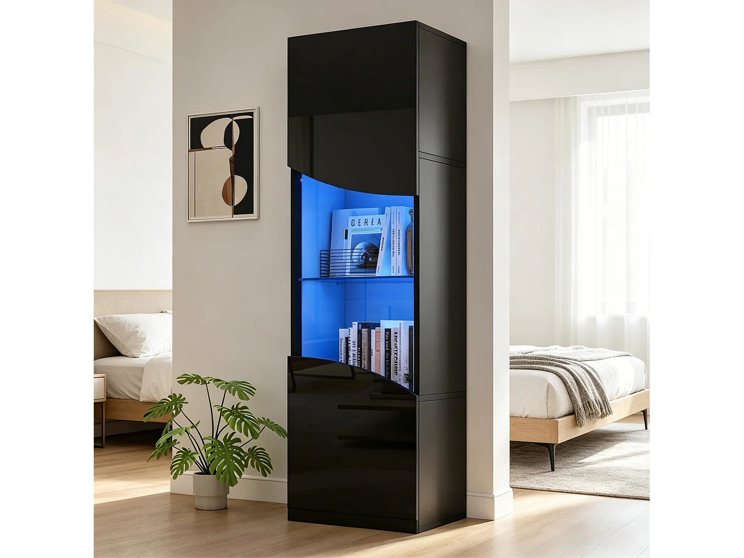 Vitrine noire laquée 50 x 35 x 165 cm avec porte verre et LED
