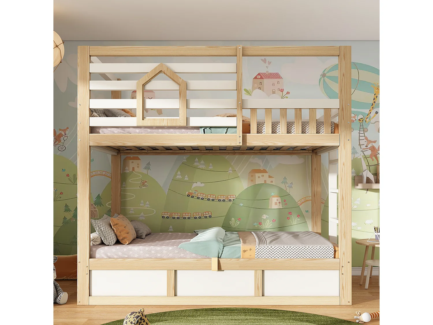 Lit superposé enfant 90x200 cm blanc avec barrière de sécurité et rangement