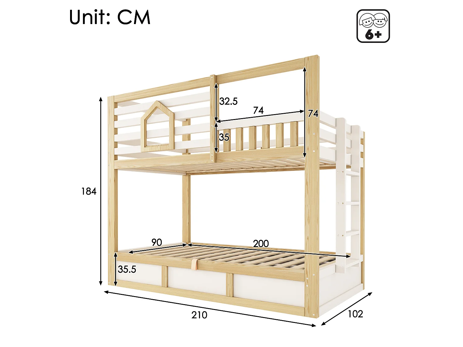 Lit superposé enfant 90x200 cm blanc avec barrière de sécurité et rangement