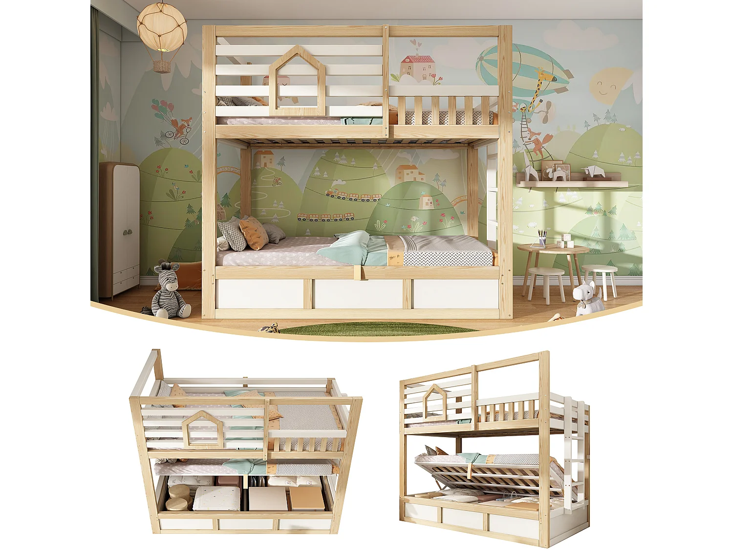 Lit superposé enfant 90x200 cm blanc avec barrière de sécurité et rangement