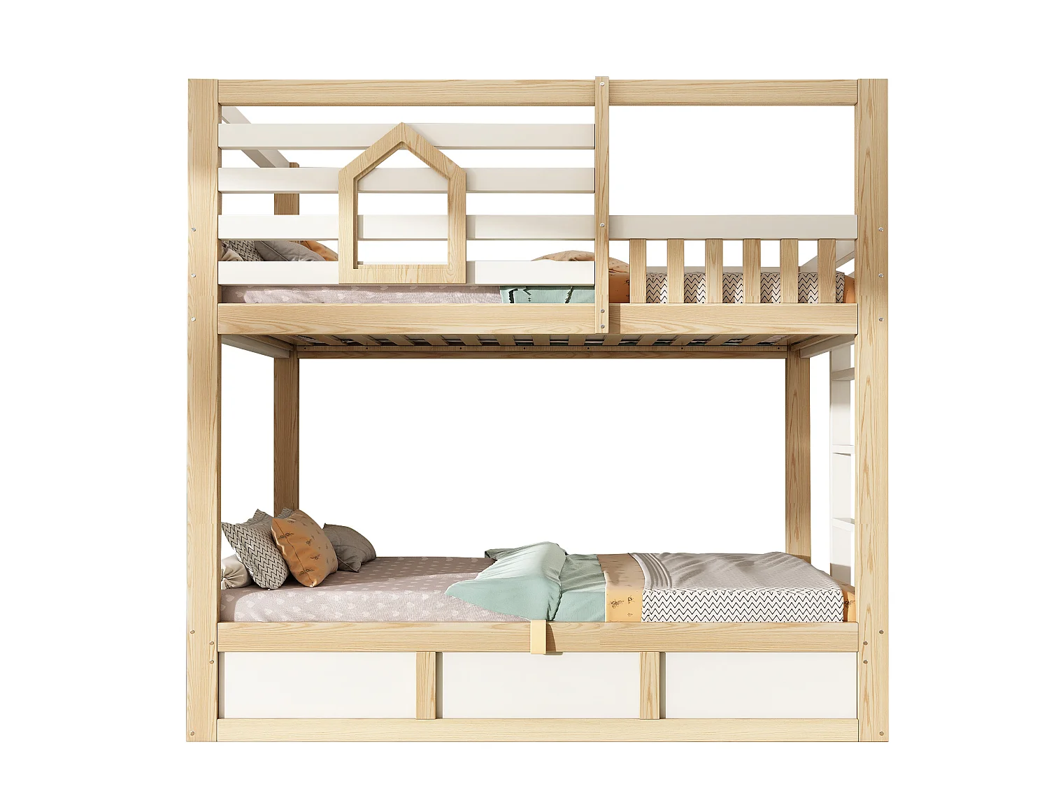 Lit superposé enfant 90x200 cm blanc avec barrière de sécurité et rangement