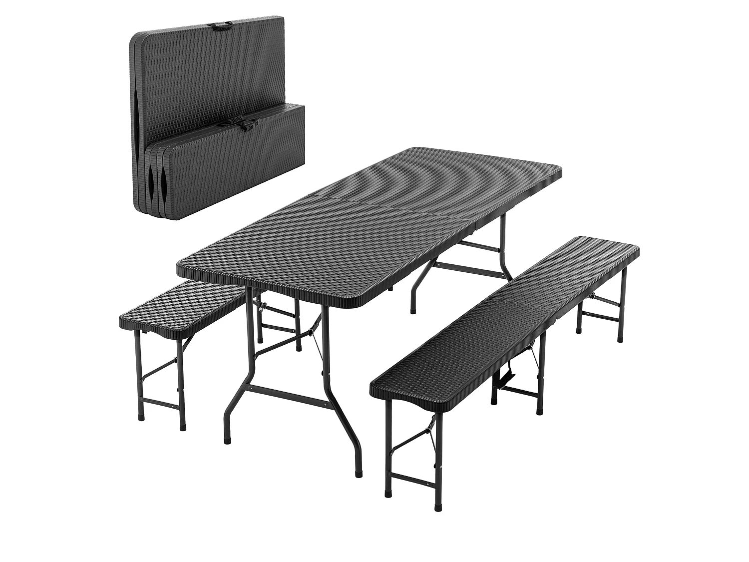 Tavolo da picnic pieghevole nero da 1,80 m con 2 panche - Piano in HDPE con motivo ad albero
