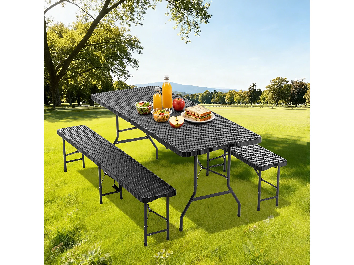 Tavolo da picnic pieghevole nero da 1,80 m con 2 panche - Piano in HDPE con motivo ad albero