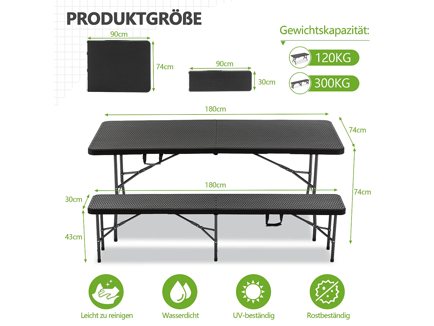 Tavolo da picnic pieghevole nero da 1,80 m con 2 panche - Piano in HDPE con motivo ad albero