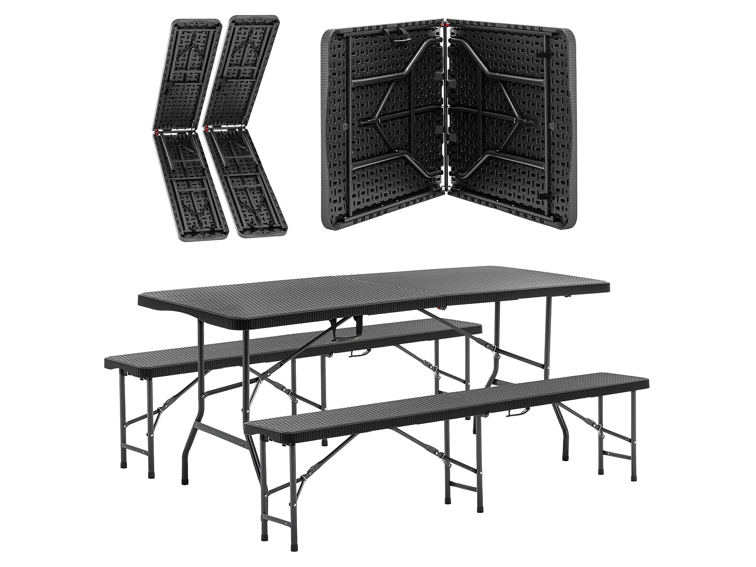 Tavolo da picnic pieghevole nero da 1,80 m con 2 panche - Piano in HDPE con motivo ad albero