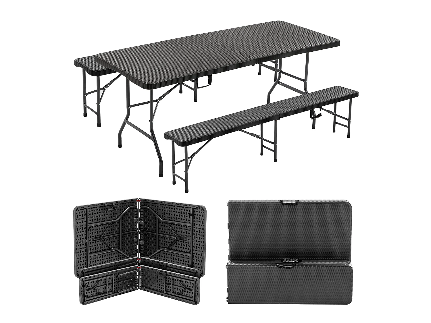 Tavolo da picnic pieghevole nero da 1,80 m con 2 panche - Piano in HDPE con motivo ad albero