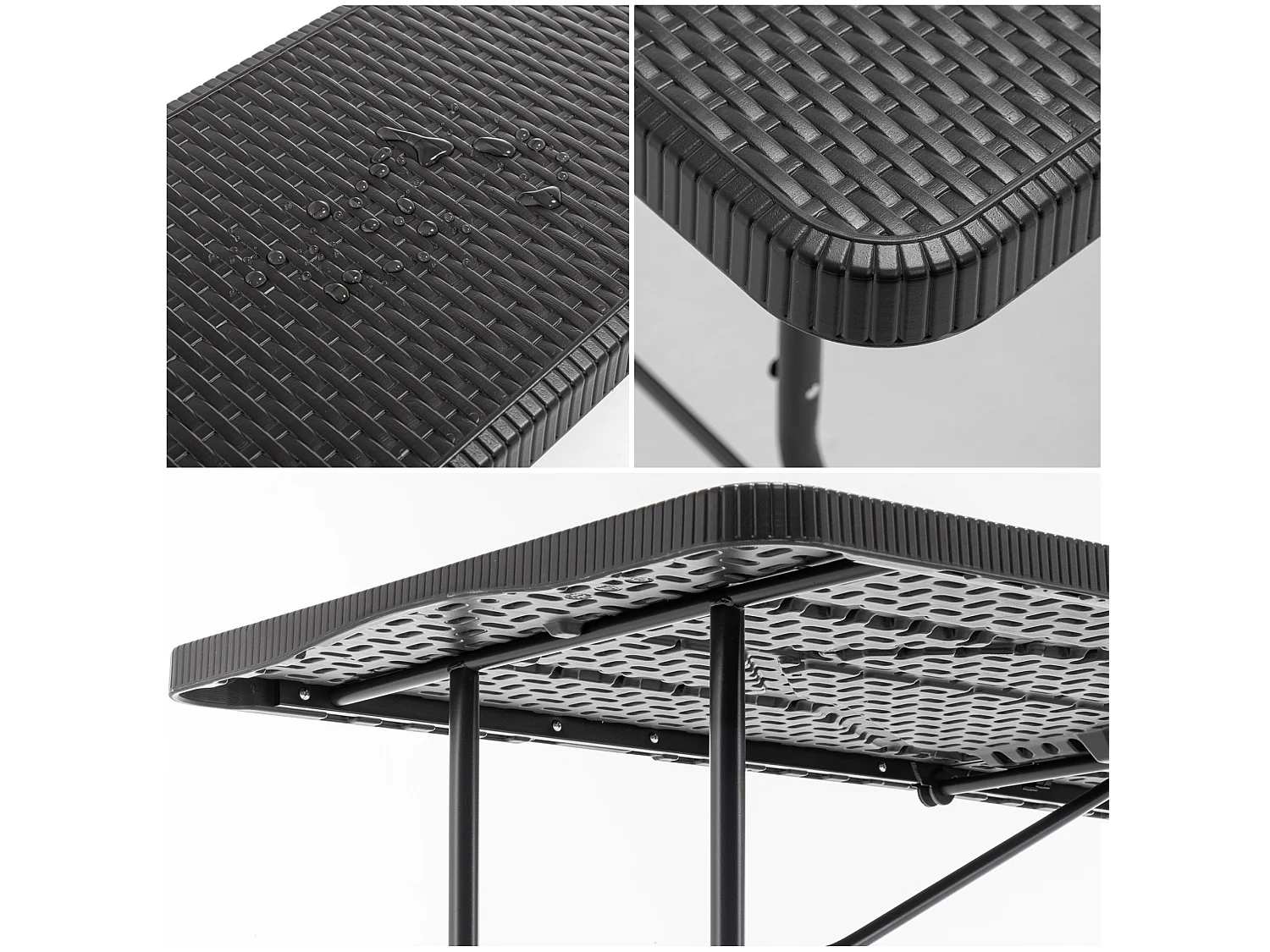 Tavolo da picnic pieghevole nero da 1,80 m con 2 panche - Piano in HDPE con motivo ad albero