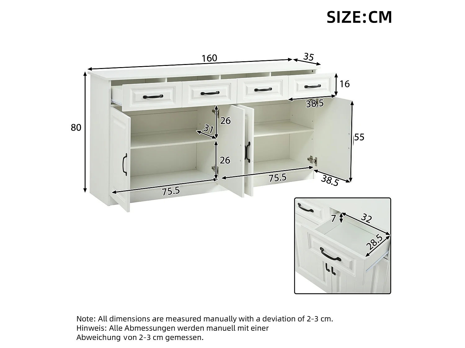 Buffet à 4 tiroirs et 4 portes 160 x 35 x 80 cm - Design rainuré - Blanc