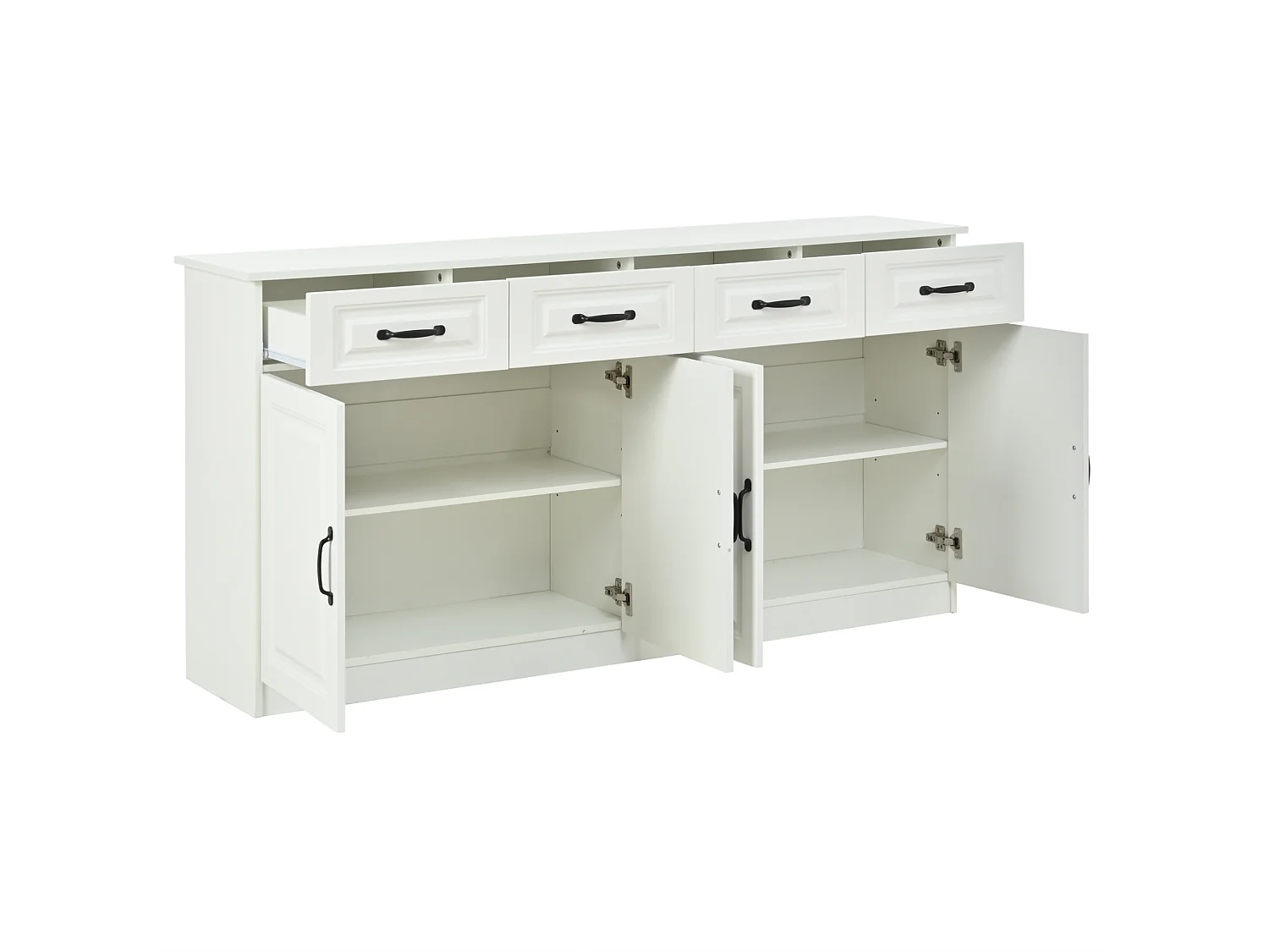 Buffet à 4 tiroirs et 4 portes 160 x 35 x 80 cm - Design rainuré - Blanc