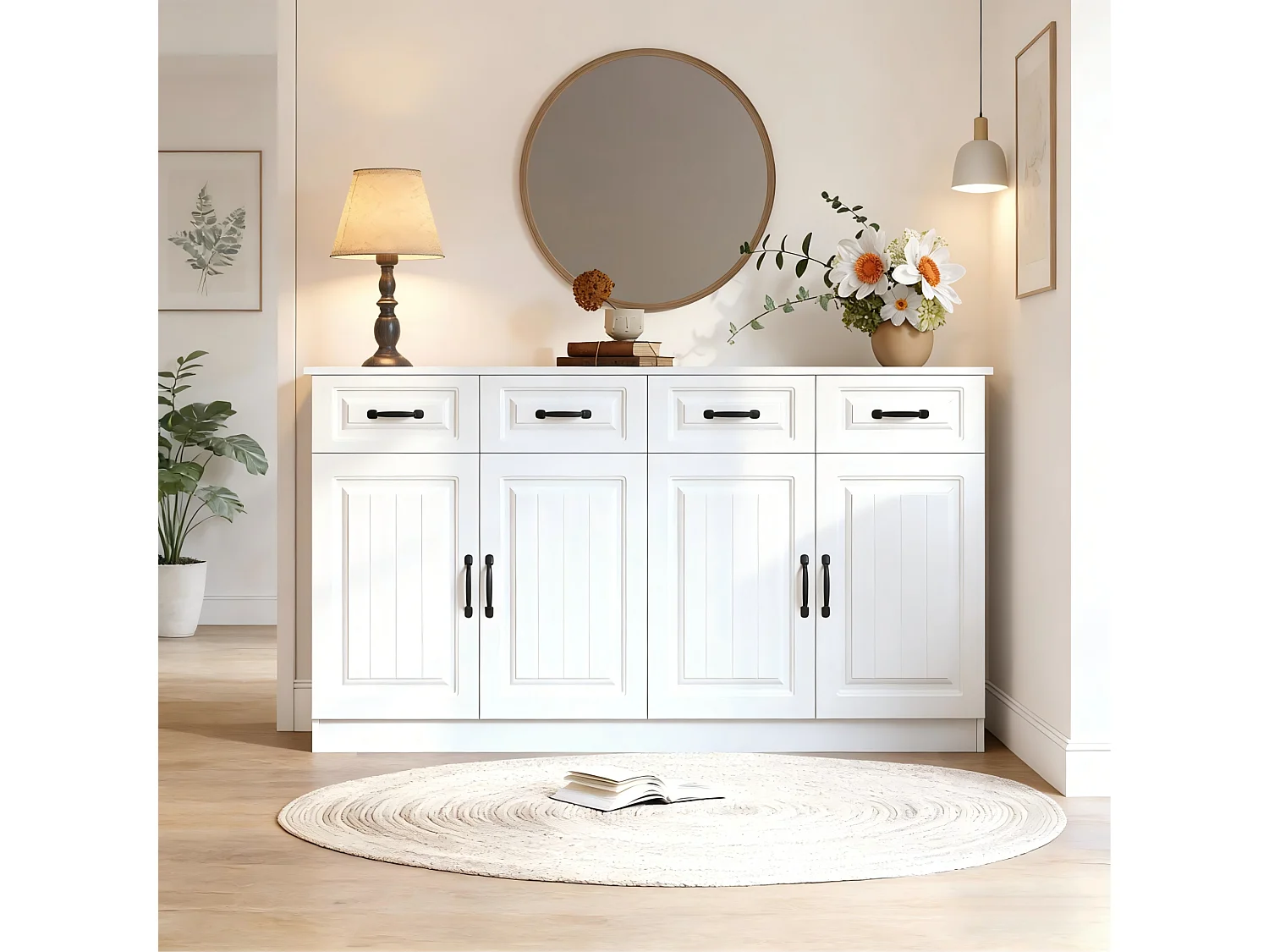 Buffet à 4 tiroirs et 4 portes 160 x 35 x 80 cm - Design rainuré - Blanc