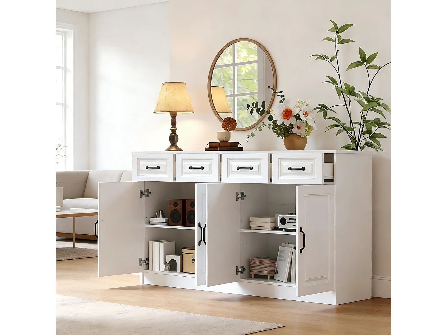 Buffet à 4 tiroirs et 4 portes 160 x 35 x 80 cm - Design rainuré - Blanc