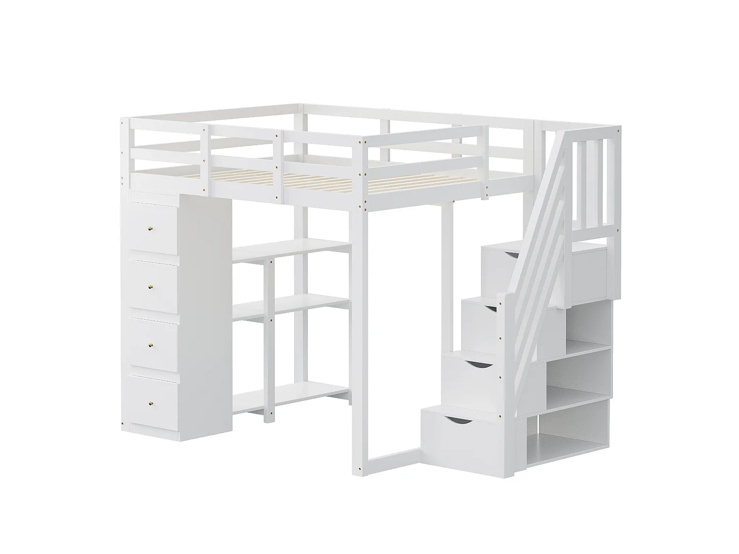 Lit mezzanine 140 x 200 cm blanc avec 4 tiroirs et escalier - Lit multifonctionnel en bois