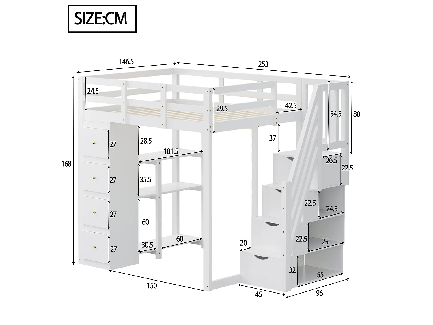 Lit mezzanine 140 x 200 cm blanc avec 4 tiroirs et escalier - Lit multifonctionnel en bois