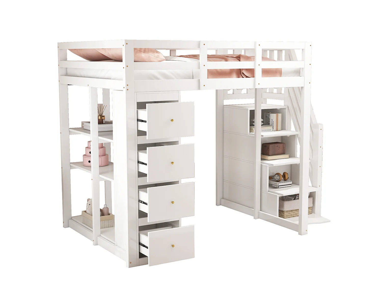 Lit mezzanine 140 x 200 cm blanc avec 4 tiroirs et escalier - Lit multifonctionnel en bois