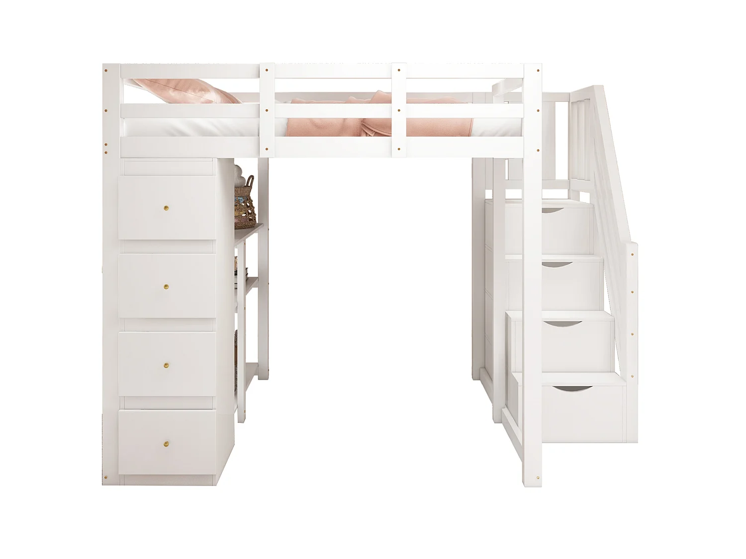 Lit mezzanine 140 x 200 cm blanc avec 4 tiroirs et escalier - Lit multifonctionnel en bois
