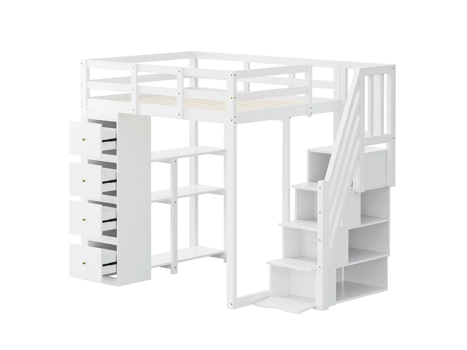 Lit mezzanine 140 x 200 cm blanc avec 4 tiroirs et escalier - Lit multifonctionnel en bois