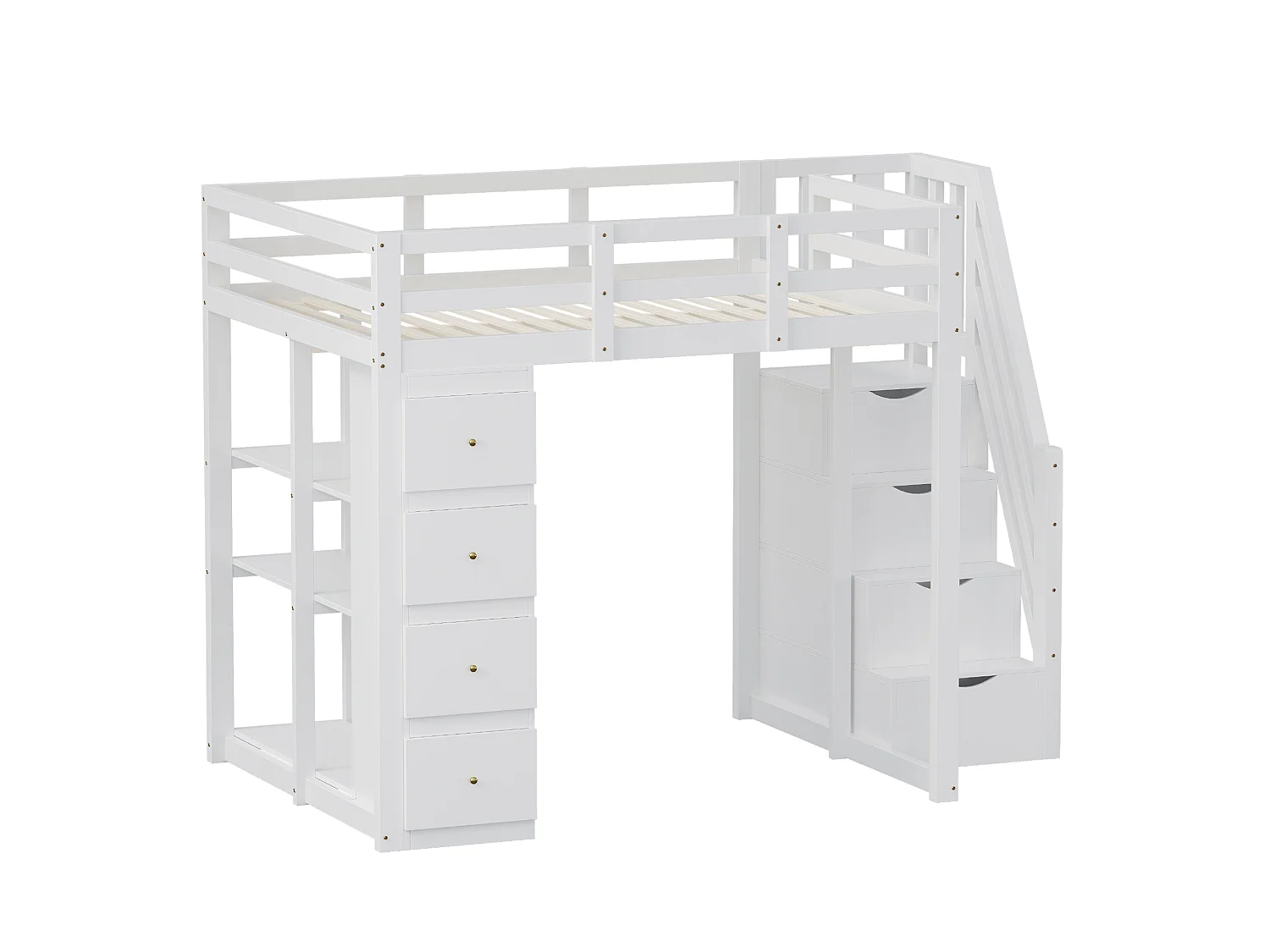 Lit mezzanine 140 x 200 cm blanc avec 4 tiroirs et escalier - Lit multifonctionnel en bois