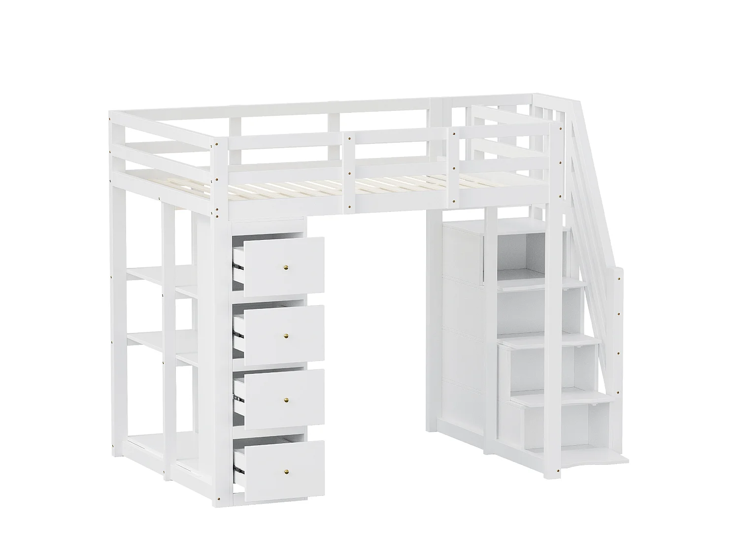 Lit mezzanine 140 x 200 cm blanc avec 4 tiroirs et escalier - Lit multifonctionnel en bois