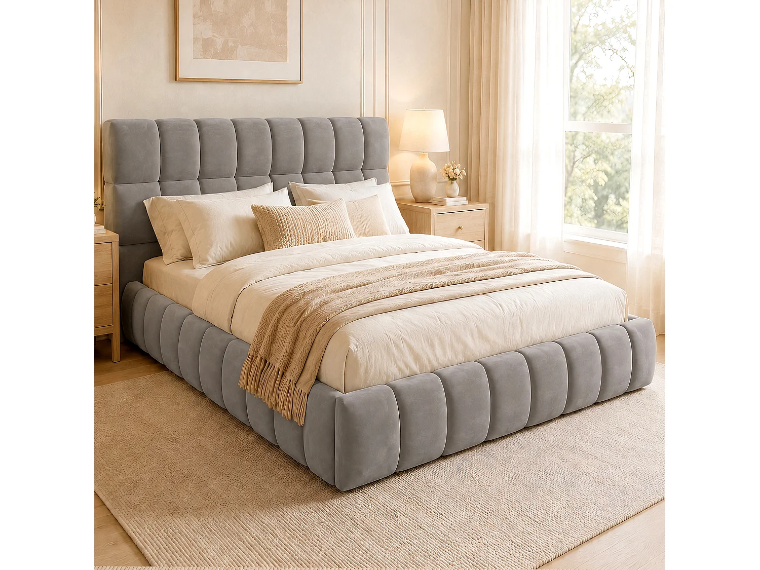 Lit adulte 140 x 200 cm avec tête de lit capitonnée à carreaux – Velours gris