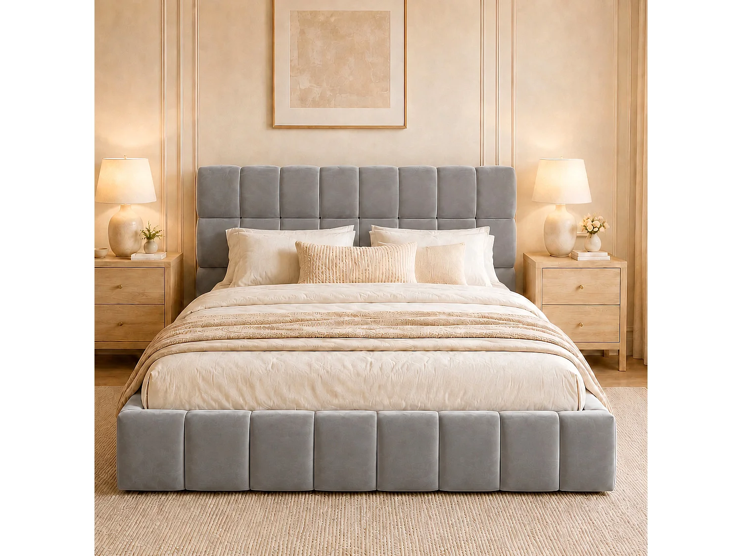 Lit adulte 140 x 200 cm avec tête de lit capitonnée à carreaux – Velours gris